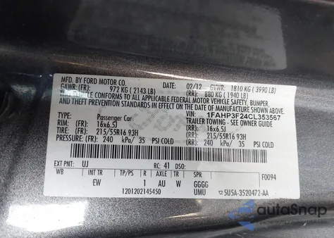 2012 Ford Focus Se z USA, uszkodzony, nr VIN 1FAHP3F24CL353567